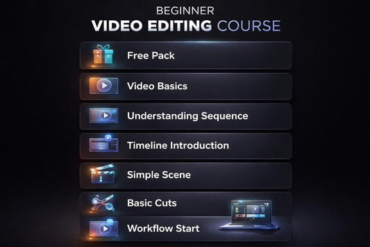 Beginner video editing course with course modules on a dark background