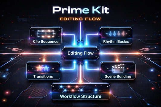 Prime Kit editing flow diagram with various editing elements on a dark background