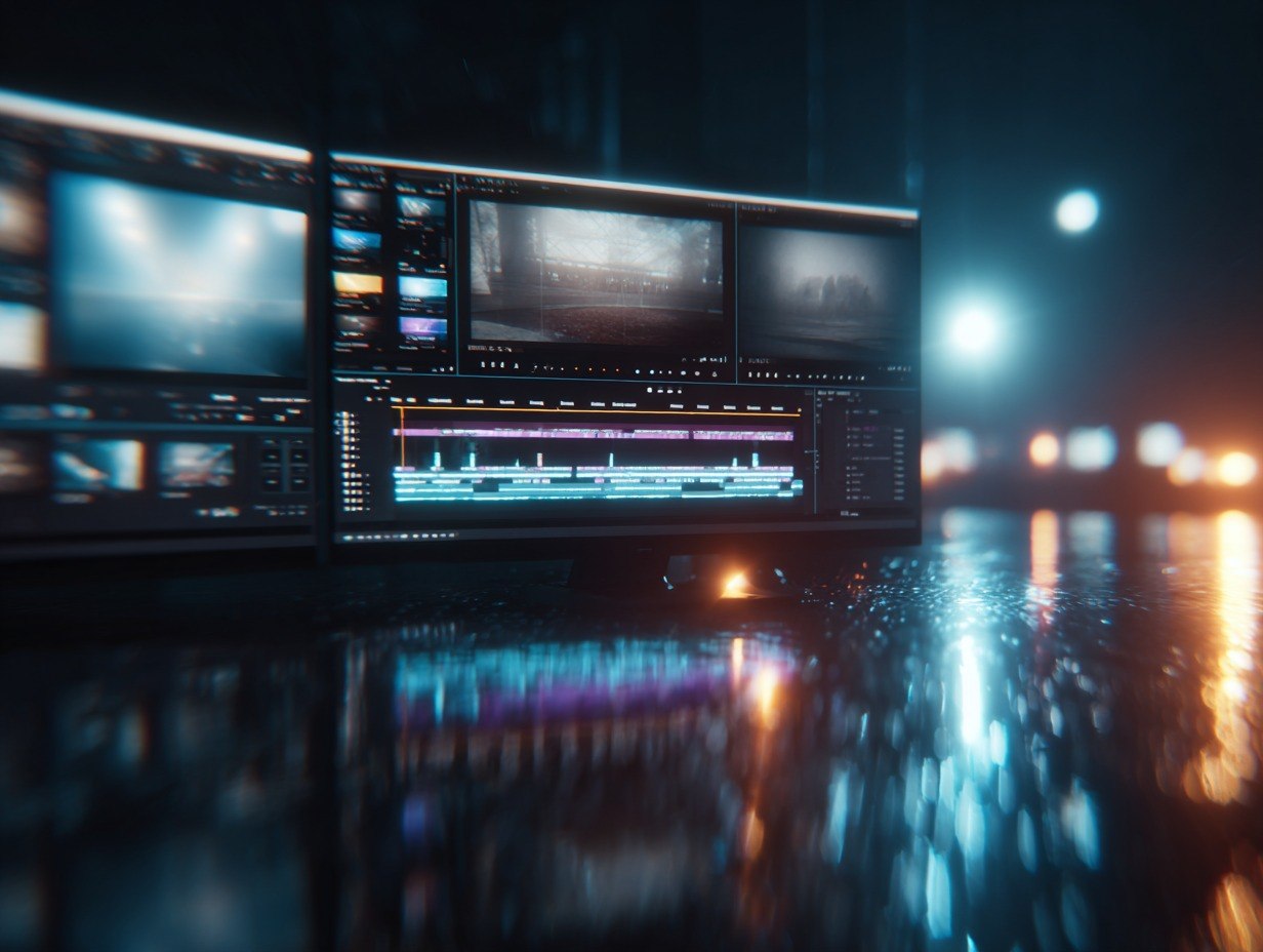 Video editing software on a computer screen with a dark, blurred background