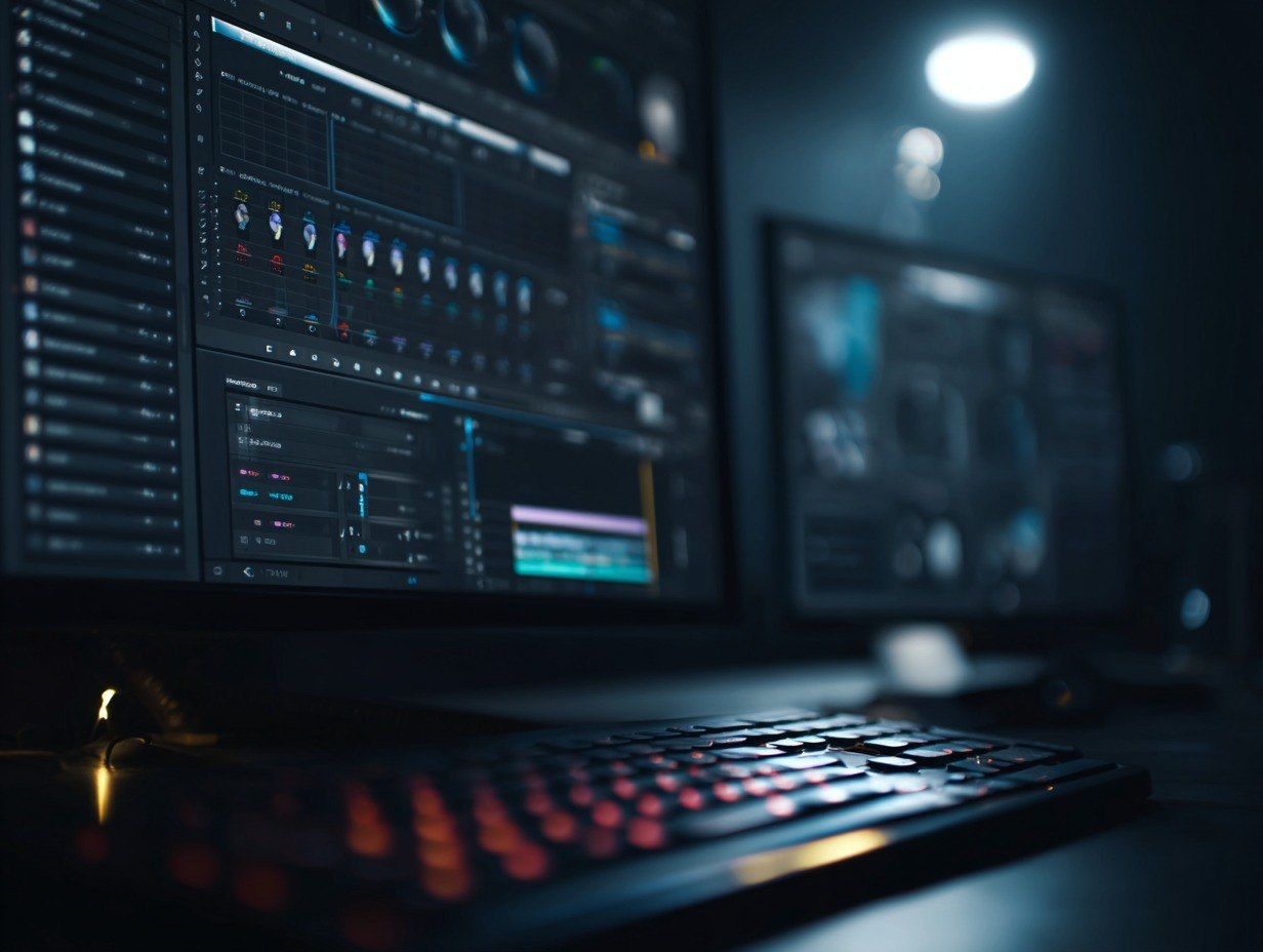 Laptop with music production software on a dark background