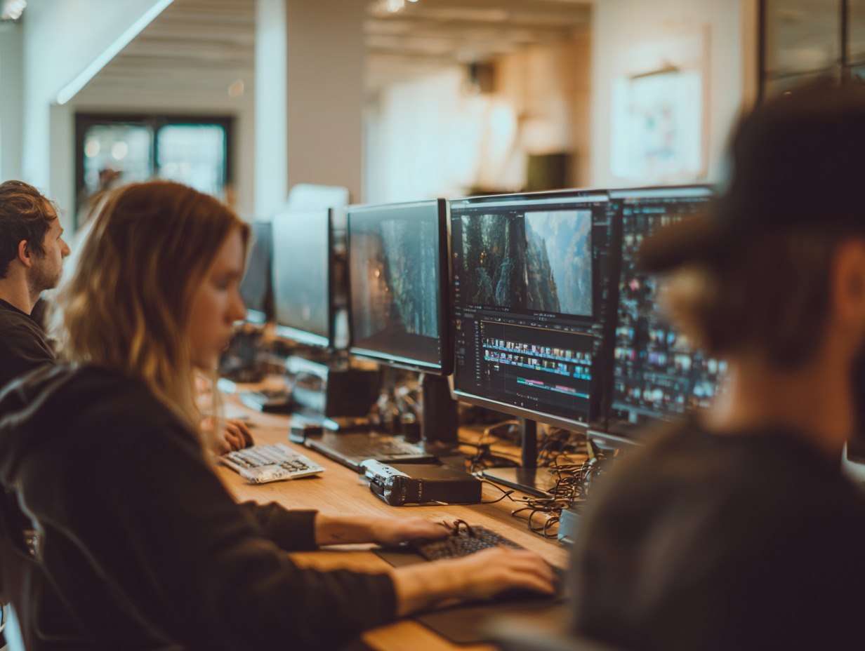 People working at computers with multiple monitors in a modern office setting.