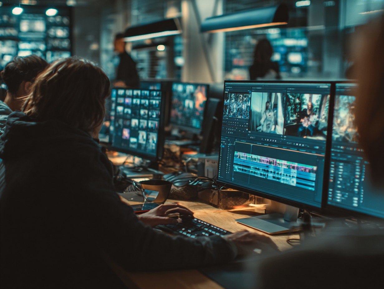 People working at a desk with multiple computer monitors in a dark room, likely a control room or studio.