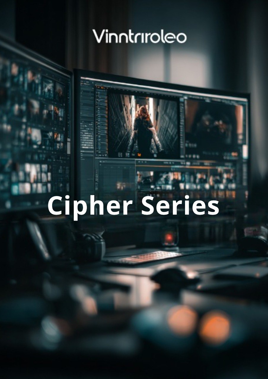 Control room with multiple monitors displaying video editing software, featuring the brand 'Vinntriroleo' and 'Cipher Series'.