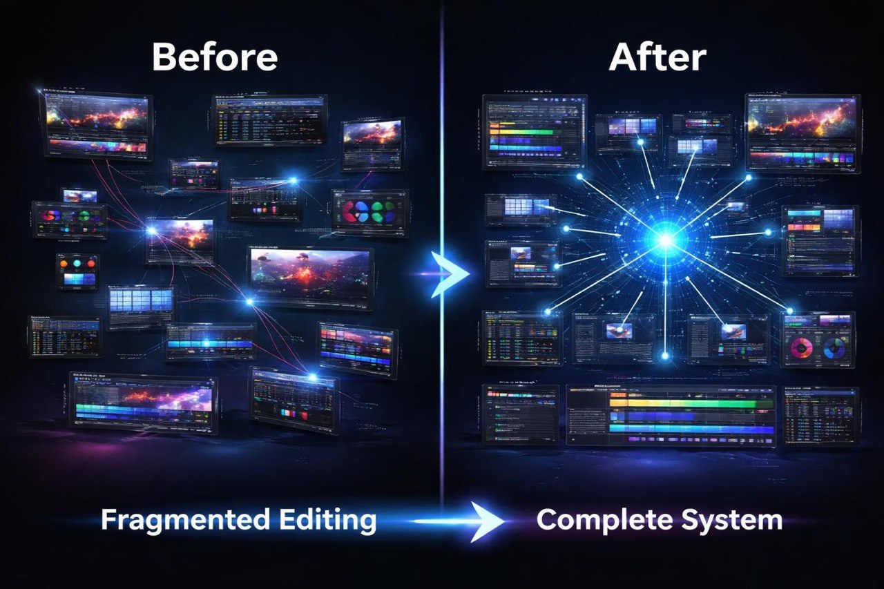 Comparison of fragmented editing on the left and complete system on the right with a dark background and blue highlights.