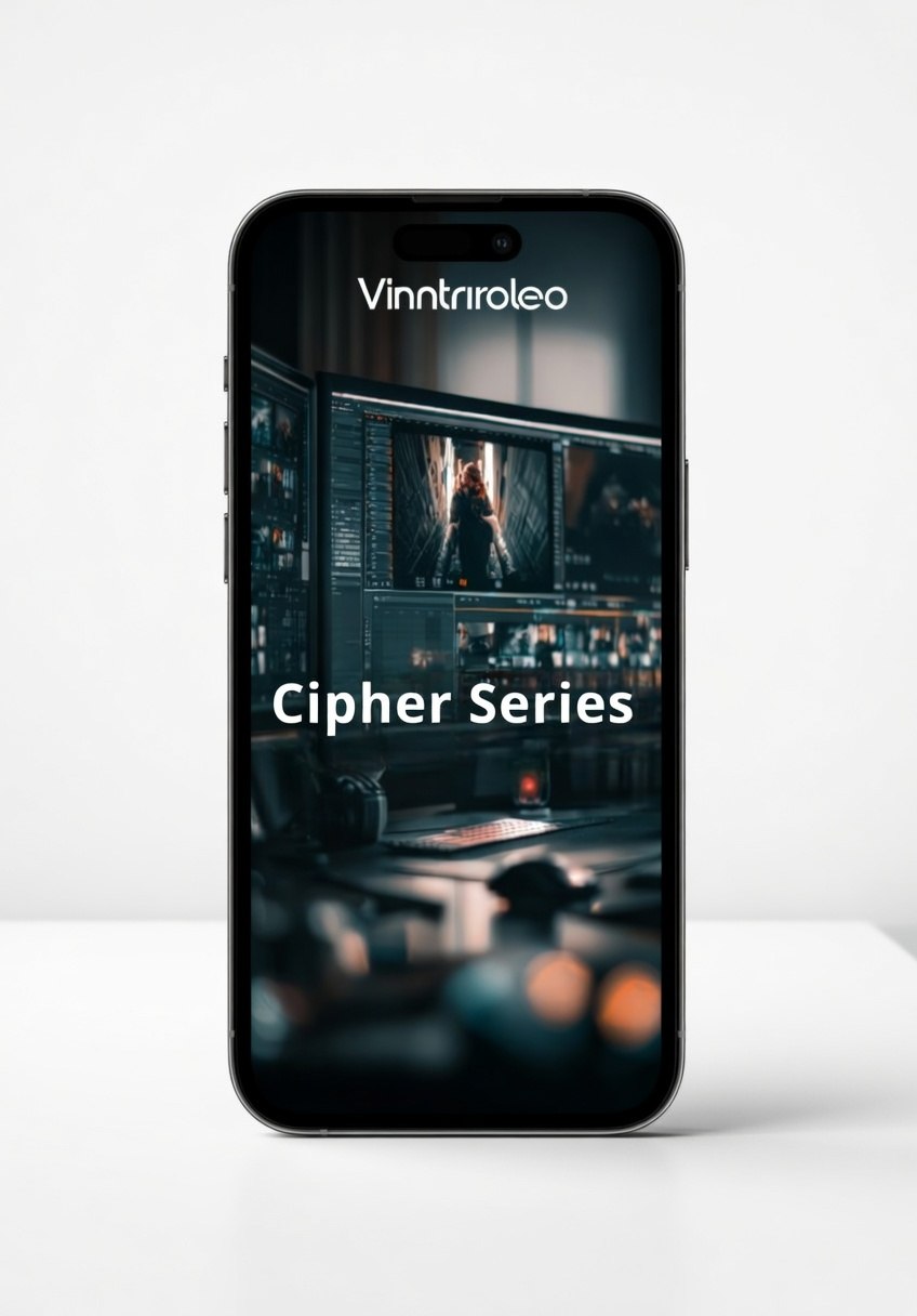 Phone displaying a video editing software interface with 'Vintriraleo' branding.