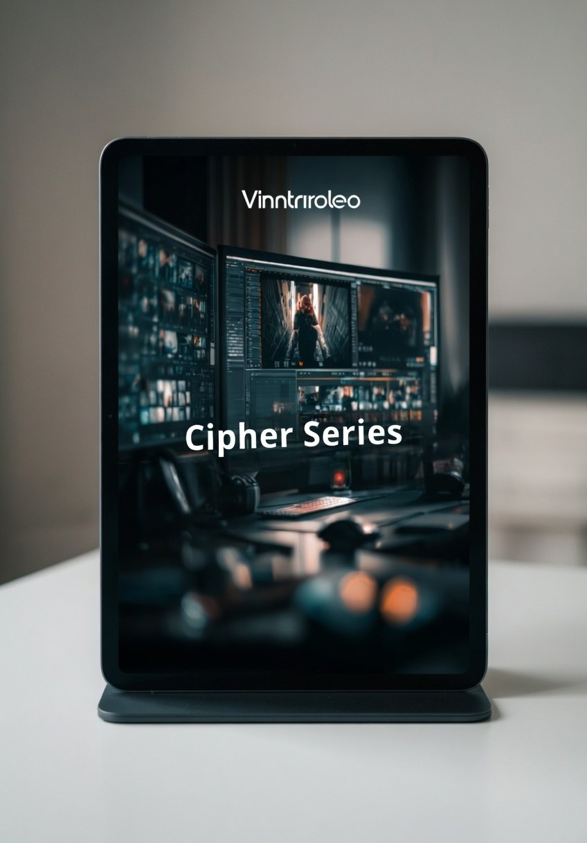 Tablet displaying a video editing software interface with 'Vinnirroleo' branding and 'Cipher Series' text.