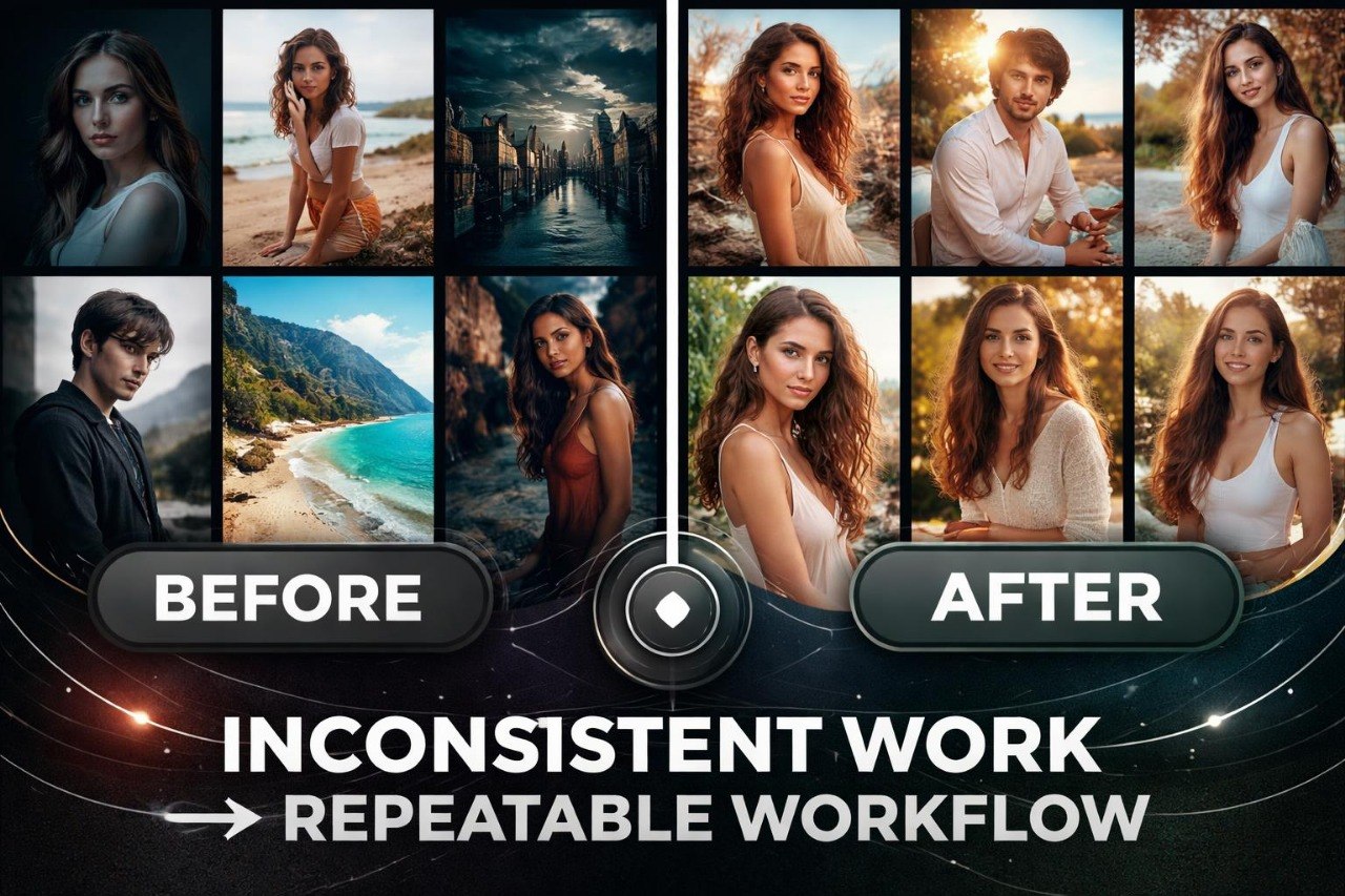 Before and after comparison of a woman's portrait with text about inconsistent work and repeatable workflow.