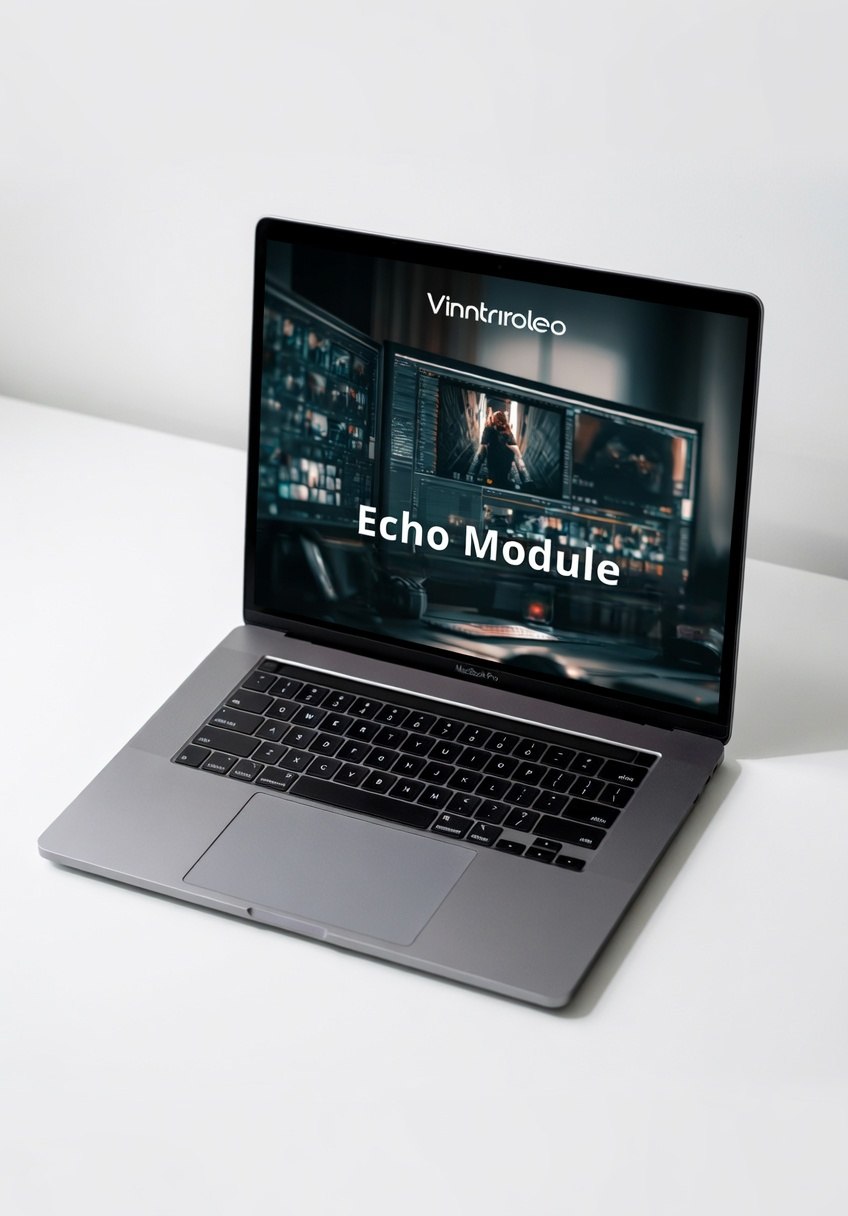 Laptop displaying 'Vinntrideo Echo Module' on a white surface