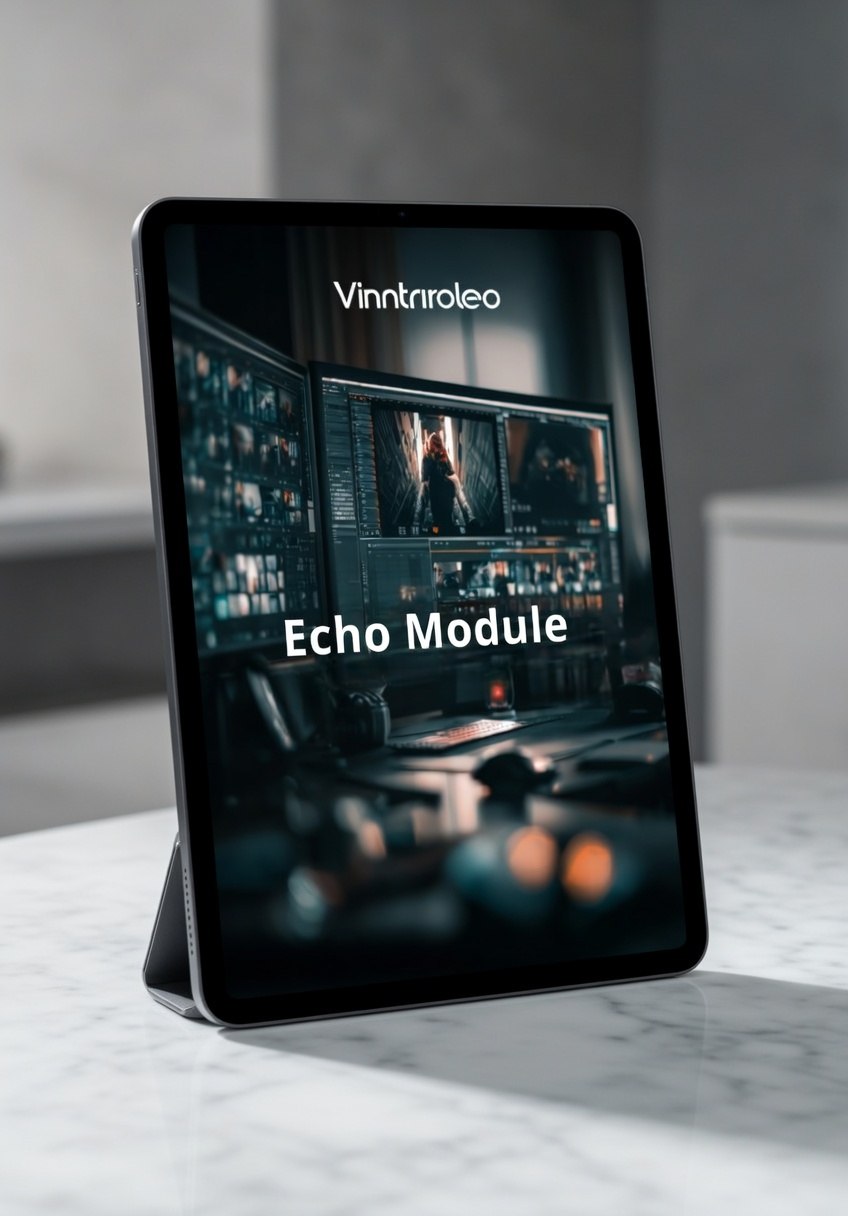 Tablet displaying 'Vintriroleo Echo Module' on a marble surface with a blurred background