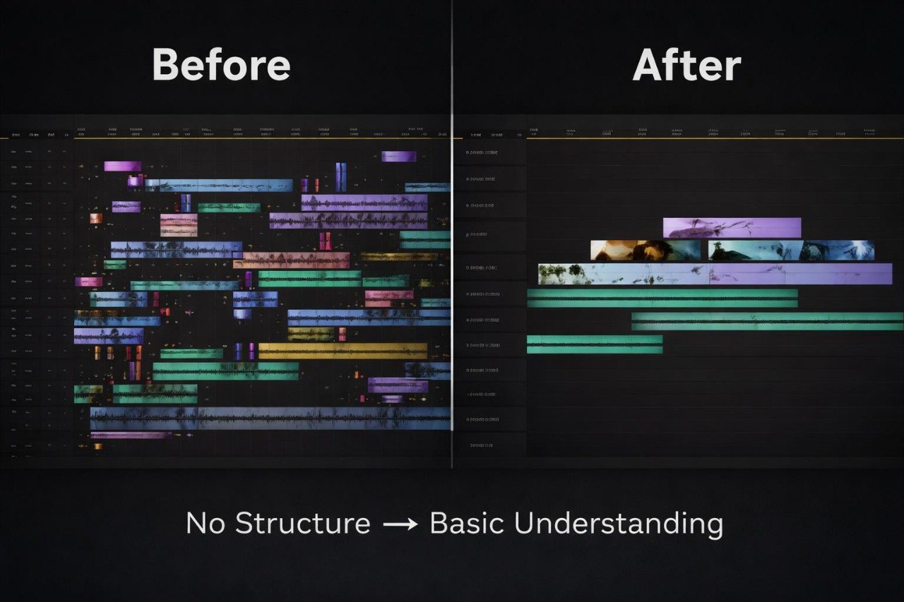 Comparison of a video editing timeline before and after basic understanding, with text indicating progression.