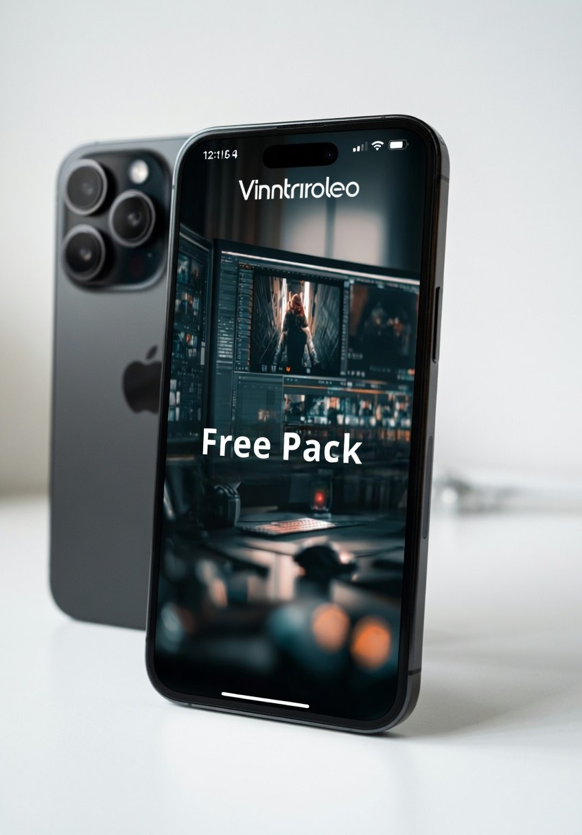 Smartphone displaying 'Vintrnrioleo' app with a free pack offer on a white background