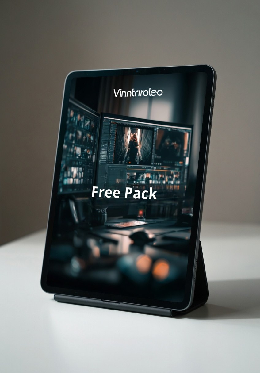 Tablet displaying a screen with 'Vinntrivoleo' and 'Free Pack' text on a light surface.