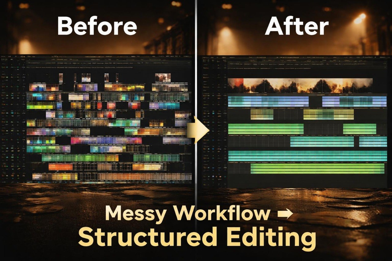 Comparison of a messy workflow to a structured editing process with colorful code blocks.