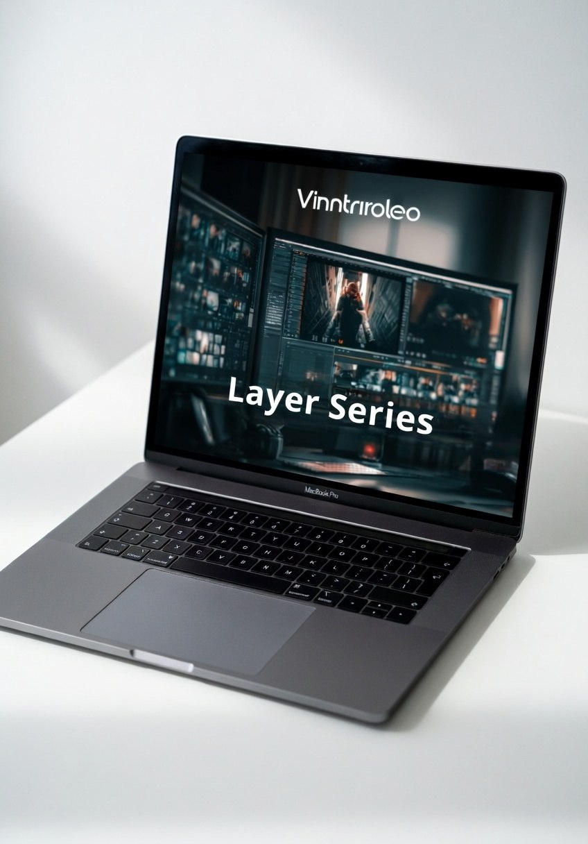 Laptop displaying 'Vinnitroleo Layer Series' on a white background
