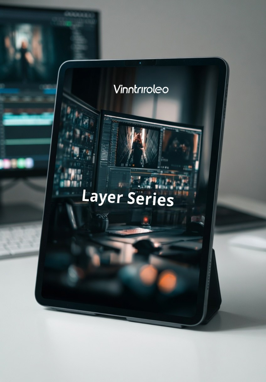 Tablet displaying Vintrivoleo Layer Series software on a desk with a blurred background