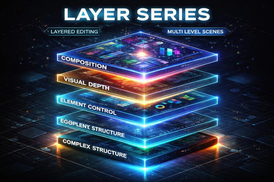 Layered editing concept with glowing layers on a dark background