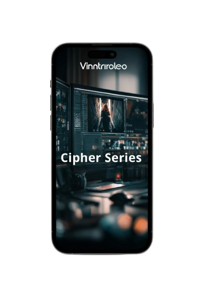 Phone case with 'Vinnirroleo' branding and 'Cipher Series' text on a white background