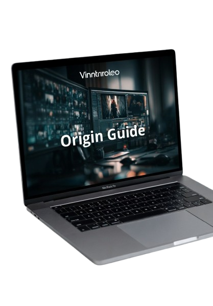 Laptop displaying a screen with 'Vinnriroleo Origin Guide' on a white background