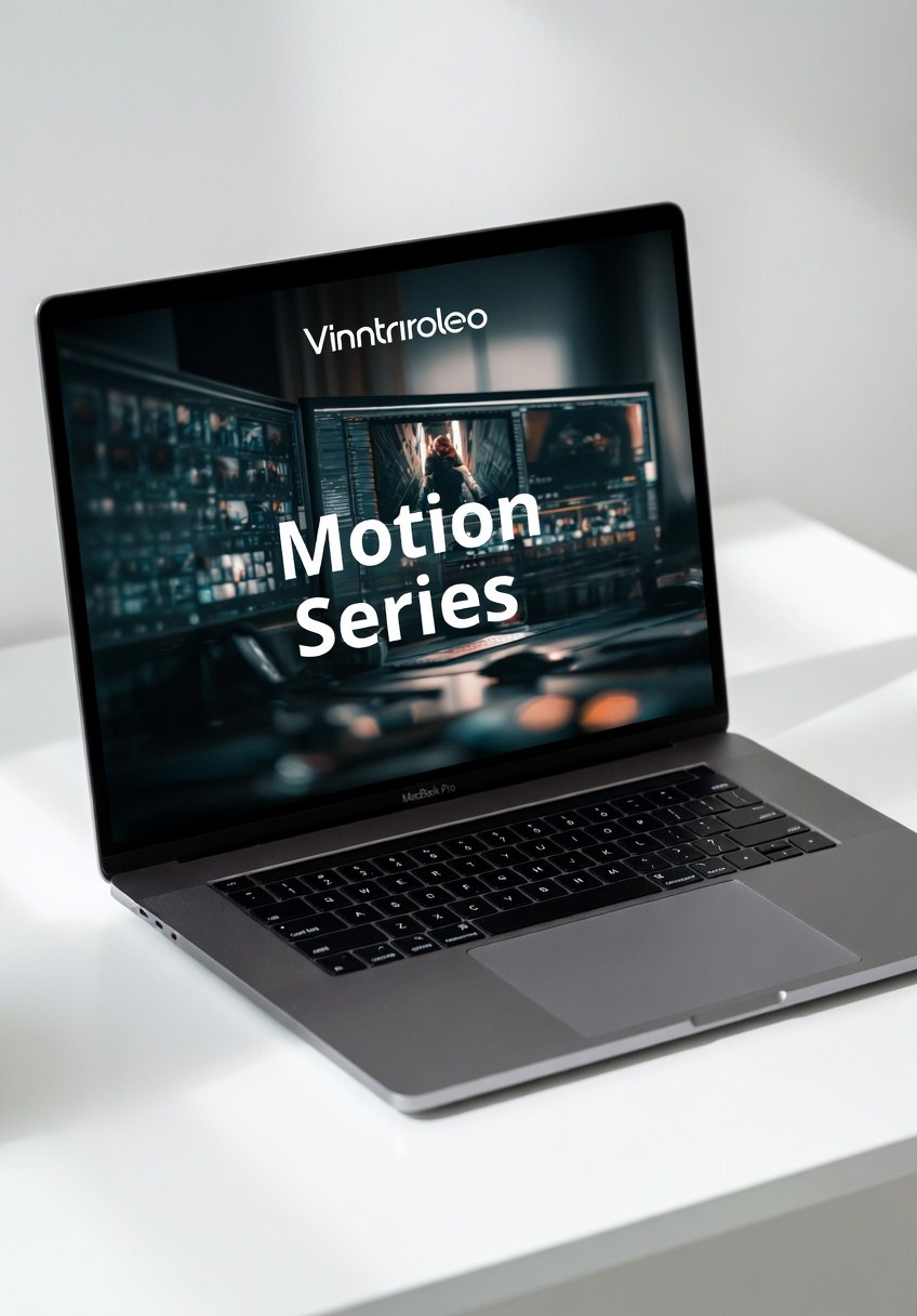 Laptop displaying 'Vinntriroleo Motion Series' on a white surface