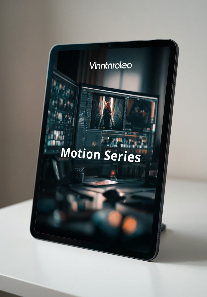 Tablet displaying a screen with 'Vinnirolle' and 'Motion Series' text on a white surface.