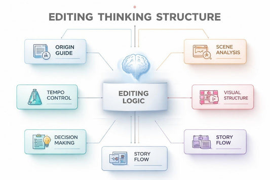 Diagram of editing thinking structure with various components and a brain icon at the center.