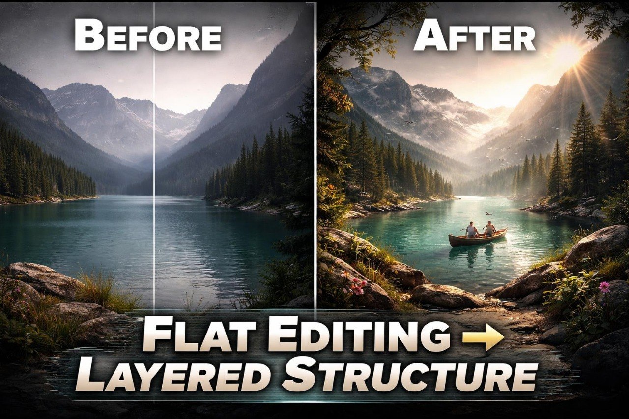 Before and after comparison of a mountain landscape with a lake and boat, highlighting flat editing vs layered structure.