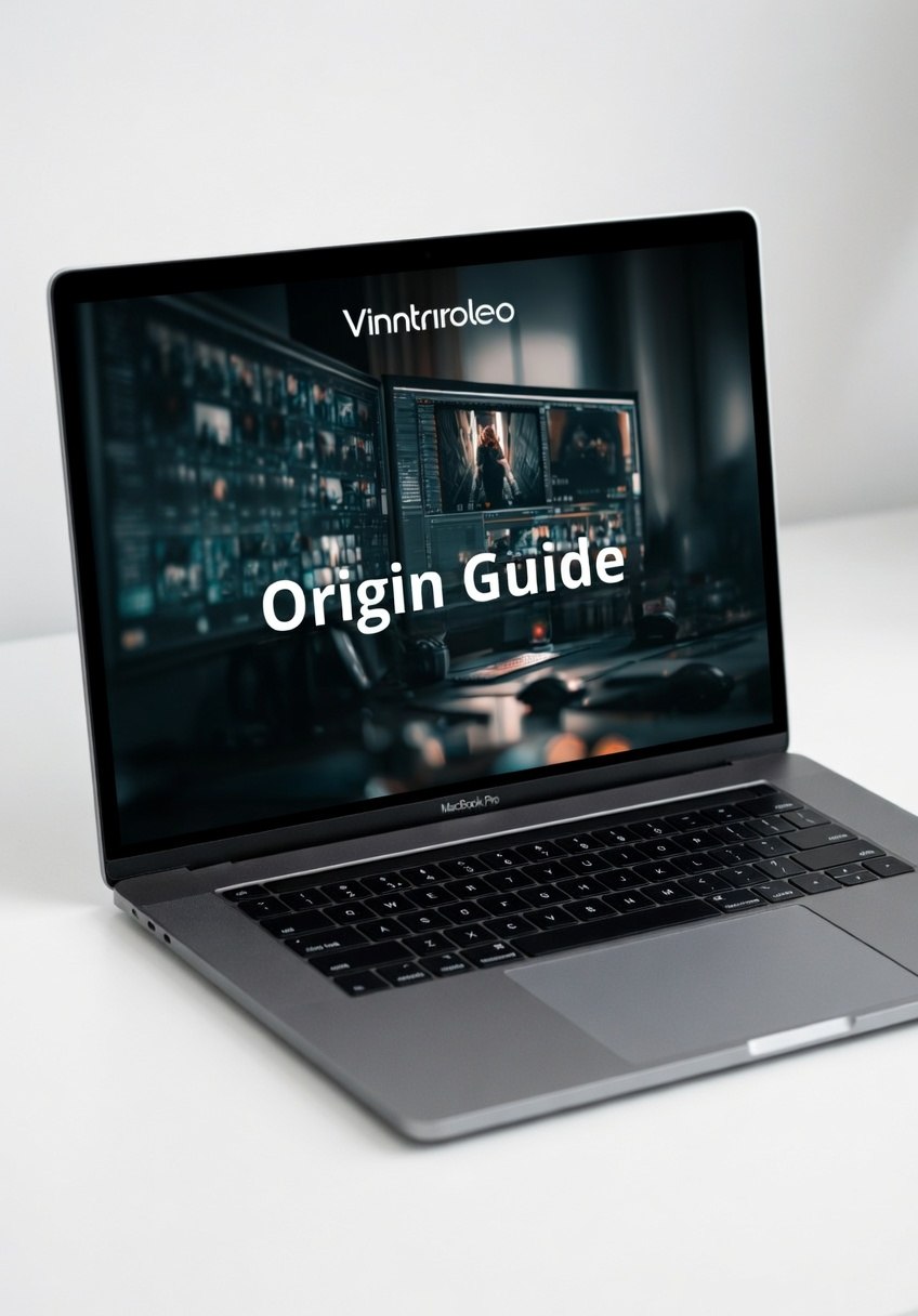 Laptop displaying 'Vinnriroleo Origin Guide' on a white surface