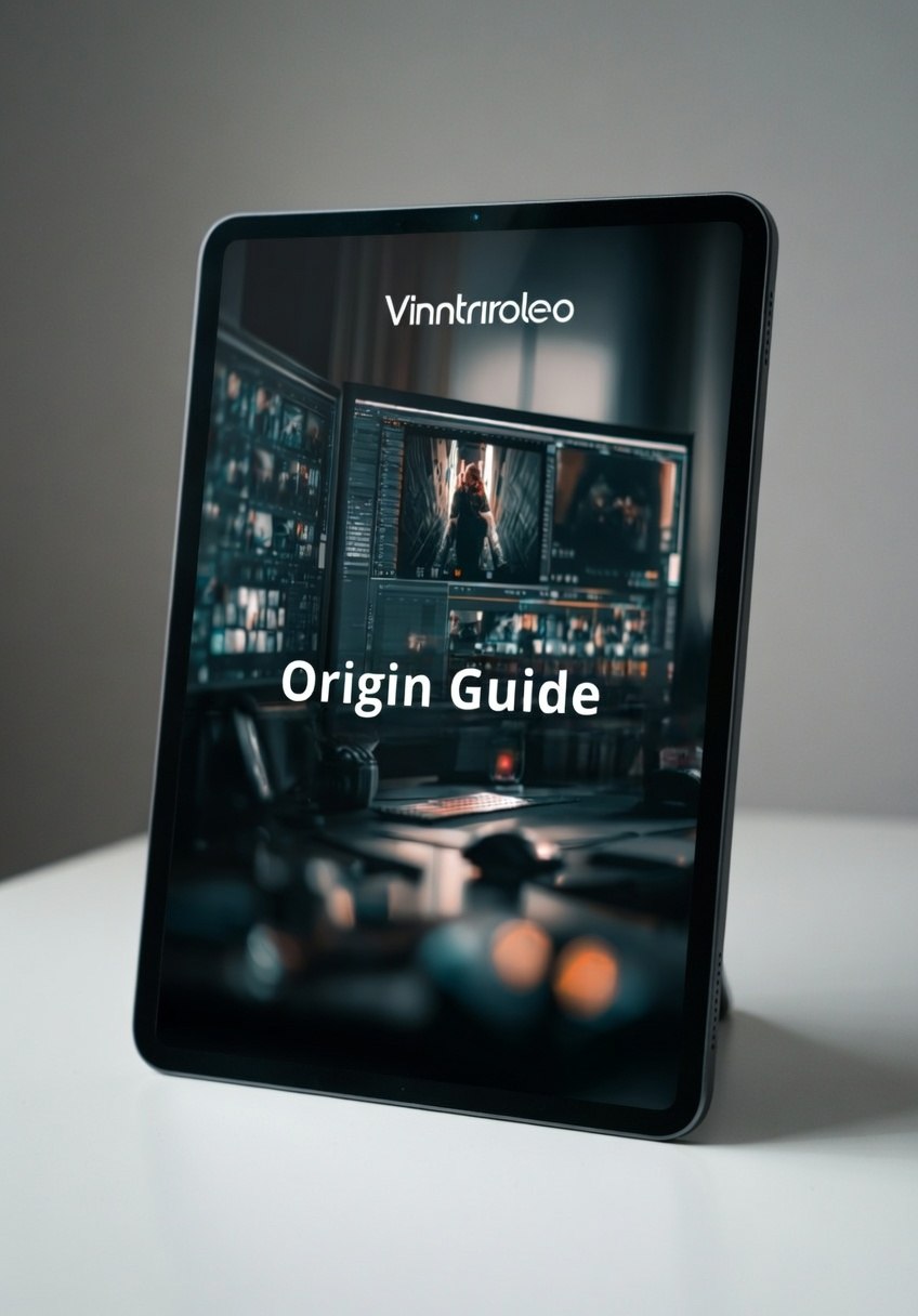 Tablet displaying a video editing software interface with 'Vinntrireoleo' branding and 'Origin Guide' text.